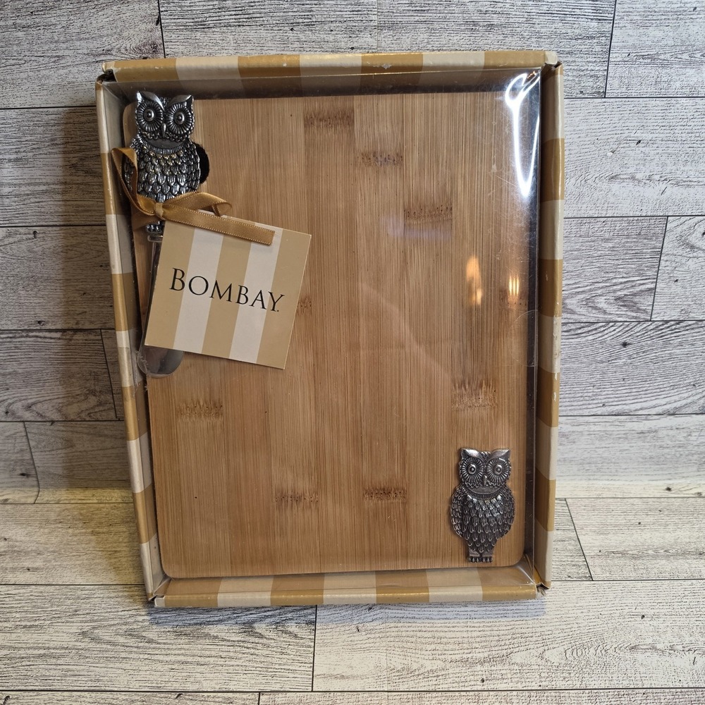 Bombay Bamboo Cheese Board Serving Tray Owl Cheese Knife‎ Gift Set NIB